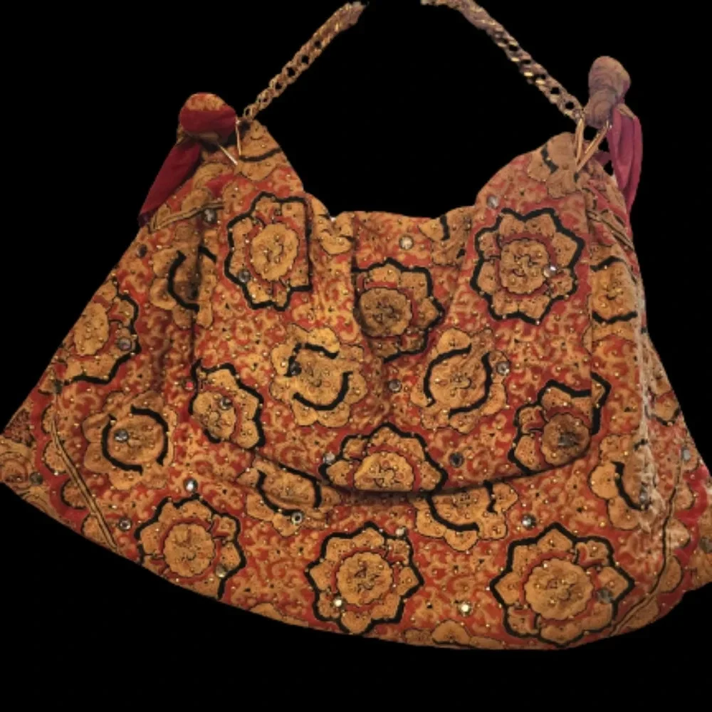 Vintage Mr. John Boho Tapestry Hobo Bag Gold Chain Strap Beaded Floral Satchel